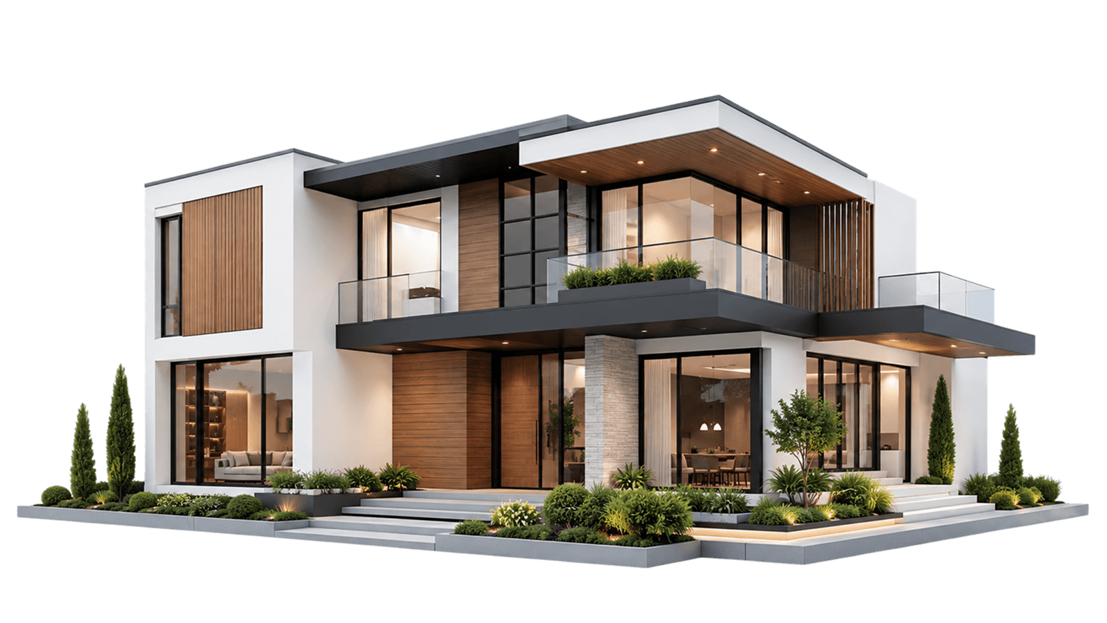 Casa moderna Oikotek con ampie vetrate al tramonto