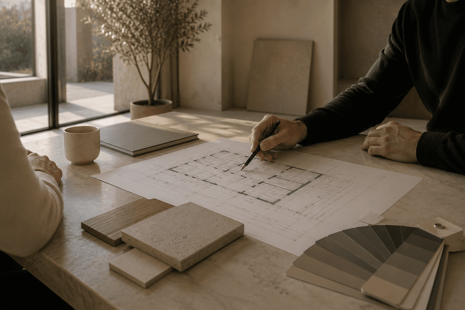 Tavolo di progettazione con materiali e planimetria